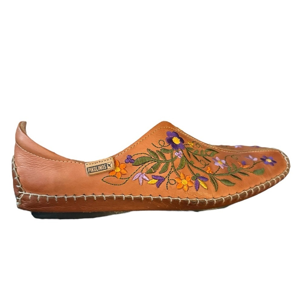 Super Rare Brandy Brown PIKOLINOS Jerez Tan Floral Embroidered Leather Moccasins - Picture 5 of 9